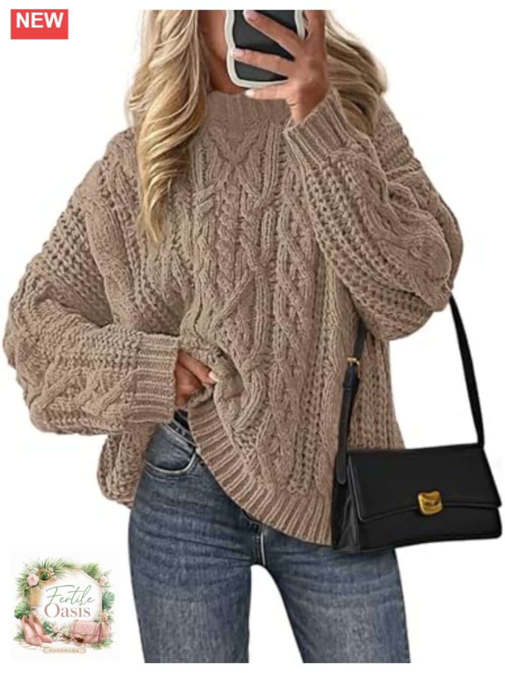 Chunky Cable Knit Pullover Sweater Oversized Crew Neck Long Sleeve Winter